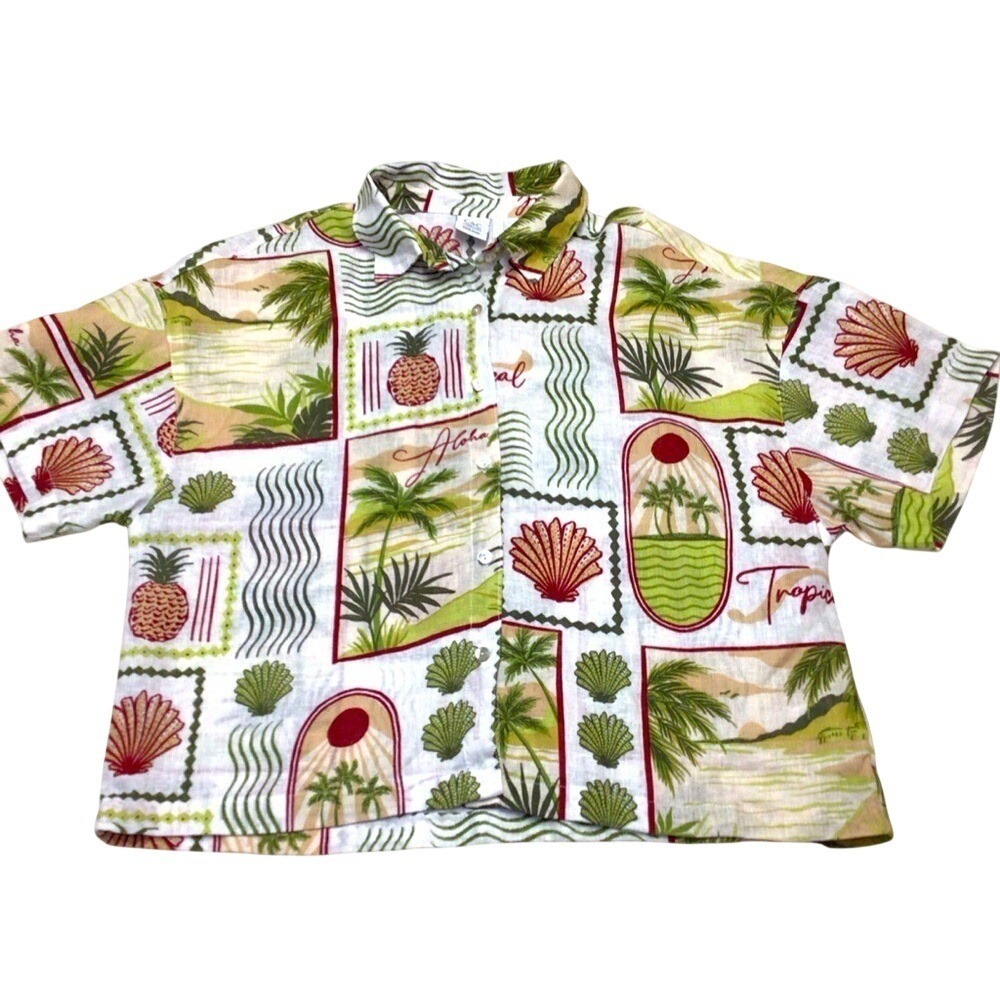 C&C California Button Down Women Large White Tropical Linen Postcard Shirt